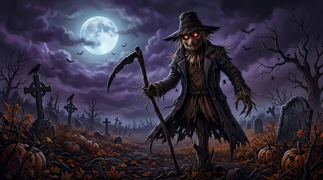 Scary scarecrow holding a scythe in a dark graveyard under a full moon at night for halloween
