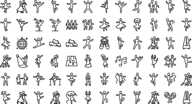 Dance Poses and Performing Arts Line Icon Set with Outline Symbols for Ballet, Ballroom, Hip Hop, Studio Training Equipment, and Musical Theater Choreography