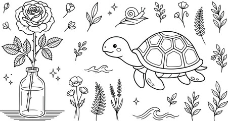 Cute turtle rose flower in bottle vase and botanical garden line art vector illustration collection with snail elements © MD