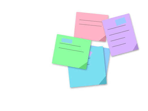 Colorful sticky notes with handwritten lines isolated on white background for office and school organization and reminders
