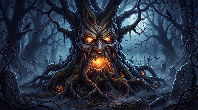 Spooky haunted tree with glowing eyes and a scary face standing in a dark forest at night with a full moon in the background