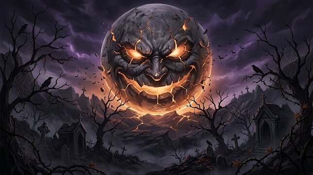 Scary dark moon face with glowing eyes and cracked rocky surface in a mysterious night sky