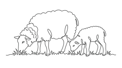 Continuous Line Drawing of Sheep and Lamb Grazing © doung