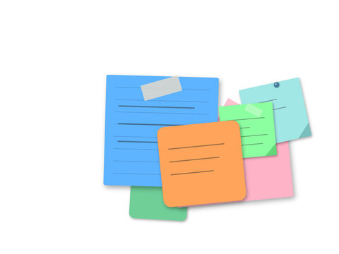 Colorful sticky notes and memo papers stacked together for reminders and office organization isolated on a white background