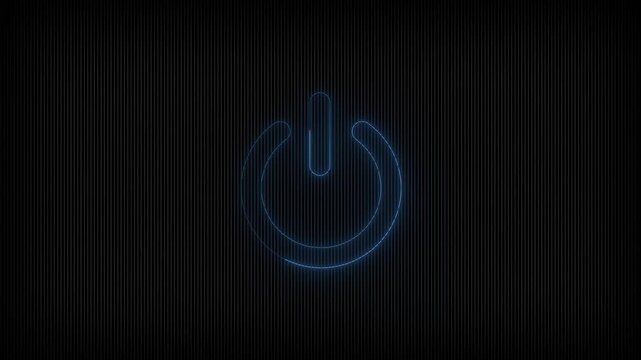 Glowing neon blue power button switch icon loop animation, futuristic system turn on off standby motion graphic on dark lined background