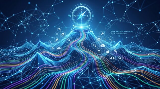 Abstract digital data navigation paths flowing like colorful streams towards glowing compass symbolizing direction guidance search technology network connection and information ...