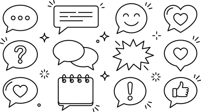 Speech bubble chat message line art vector icon set featuring question answer heart thumbs up and discussion elements