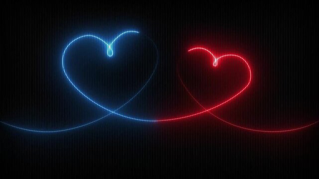 Red color neon glowing Two love hearts concepts. Valentine's Day indicate. Love One line drawing concept. love card neon glowing icon. Motion graphics neon love heart symbol
