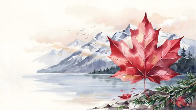 Watercolor canadian landscape with maple leaf and mountain reflection