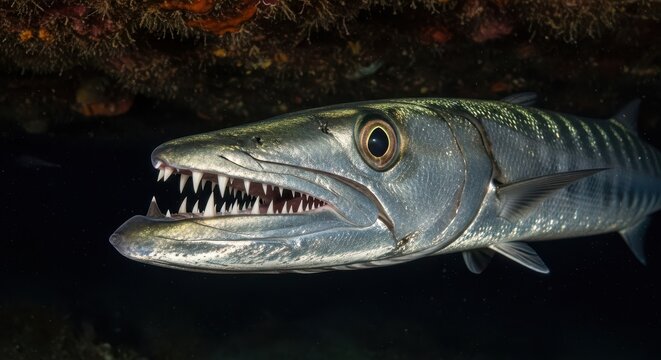 Close up of a barracuda's open jaw and sharp teeth underwater