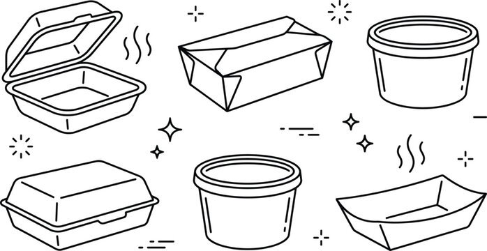 Takeaway food container packaging line art vector set featuring lunch box paper bowl tray and delivery disposable elements