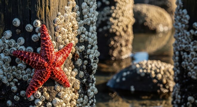 Red Starfish Clinging to Barnacle-Covered Post