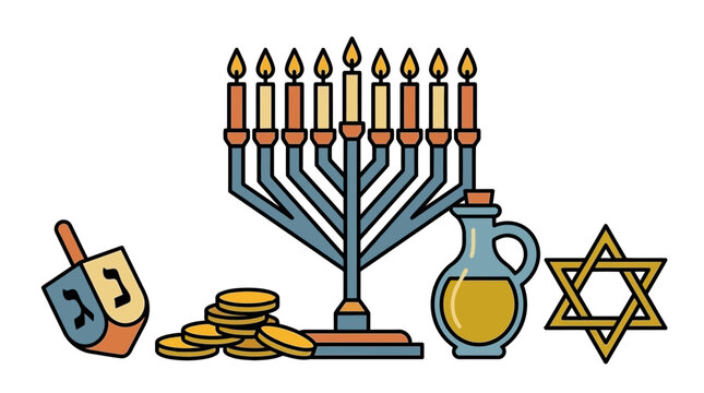 A traditional menorah stands beside a dreidel and gold coins for Hanukkah