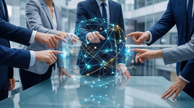 Diverse business team hands touching a glowing digital globe network sphere, global connectivity, international collaboration, corporate teamwork, strategic planning and future ...