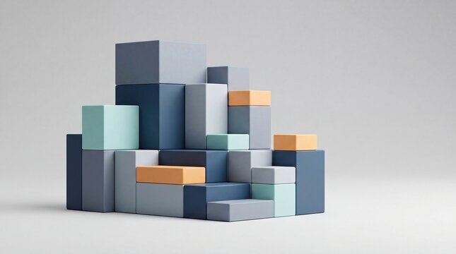 Minimalist stack of pastel colored geometric blocks arranged in abstract composition, 3d render illustration for design, architecture, construction concepts, creative layout, bu...