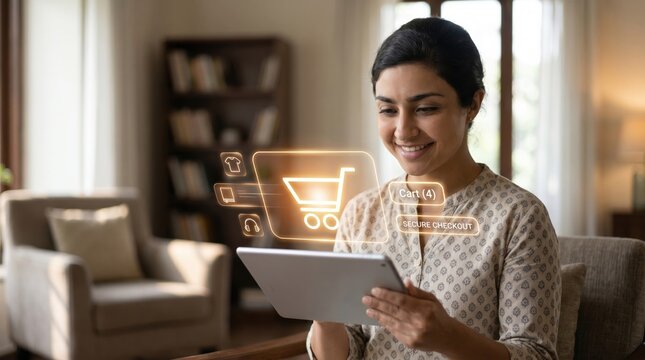Happy woman shopping online using tablet at home with holographic cart interface, e-commerce concept, digital retail, secure checkout, mobile payment, consumer lifestyle, and vi...