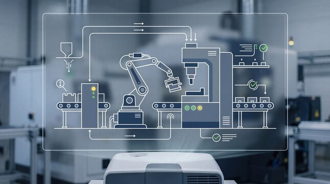 Smart factory industry 4.0 concept with robotic arm assembly line, automated manufacturing process, digital interface overlay showing production flow and industrial automation t...