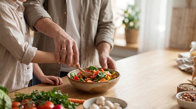 Family preparing healthy vegetable salad together in kitchen, father and child mixing fresh ingredients in bowl, wholesome food, nutrition, cooking at home and lifestyle concept.