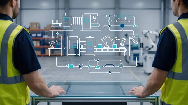 Two workers analyzing digital twin hologram of industrial automation process in modern smart factory, engineers monitoring production line efficiency and workflow on interactive...