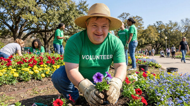 Compassionate Adult with Down Syndrome Planting Flowers in a Community Park
