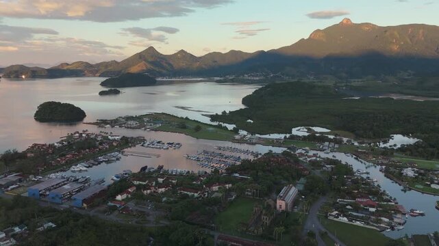 Aerial view of the Marina Bracuhy near the town of Angra dos Reis in Brazil on sunrise