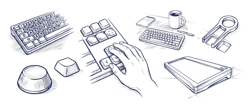 Mechanical keyboard sketch line art illustration showing hand typing on keycaps with desk accessories, rotary encoder knob, puller tool, coffee mug, and minimalist technical drawing blueprint style.