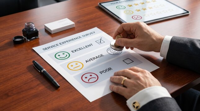 Customer filling out service experience survey form with excellent rating, feedback evaluation and quality assurance concept in professional business setting.