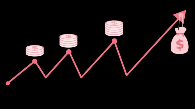 Rising finance graph with coins and money bag animation