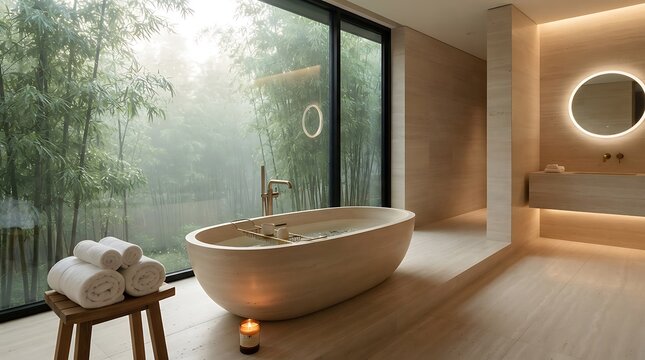 Luxurious spa bathroom with freestanding tub and bamboo forest view for serene relaxation