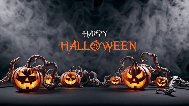 Halloween-themed display featuring carved pumpkins with glowing faces, surrounded by twisted vines and fog, creating a spooky atmosphere for the festive season
