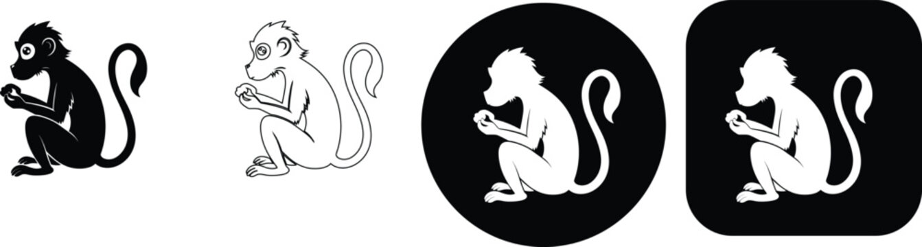 Four monkey showing a sitting monkey, presented in solid black, line and white silhouette styles within circle and square