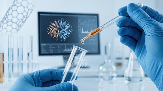 Scientist hand holding pipette dropping liquid into test tube in modern laboratory, biotechnology research concept, molecular structure on screen background, healthcare innovati...