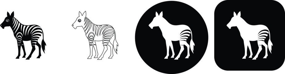 Obraz premium Set of four zebra featuring black and white silhouettes, outline and circular or square button variations for web interface
