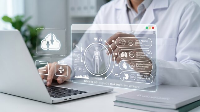Doctor analyzing patient health data on futuristic holographic interface, digital medical technology concept for telemedicine and modern healthcare diagnostics in hospital.