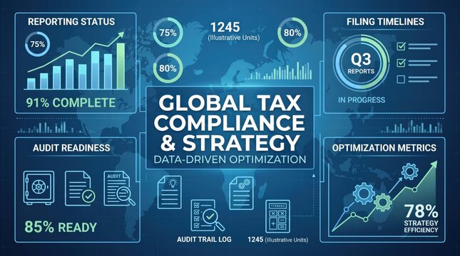 Global tax compliance and strategy dashboard showing reporting status, audit readiness, and optimization metrics, representing corporate financial planning and international bus...