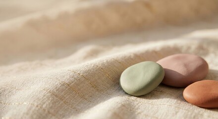 Obraz premium Pastel colored handmade soap bars on beige linen fabric, soft natural light, spa wellness concept, organic skincare products, relaxation and self care theme, minimalist aestheti...