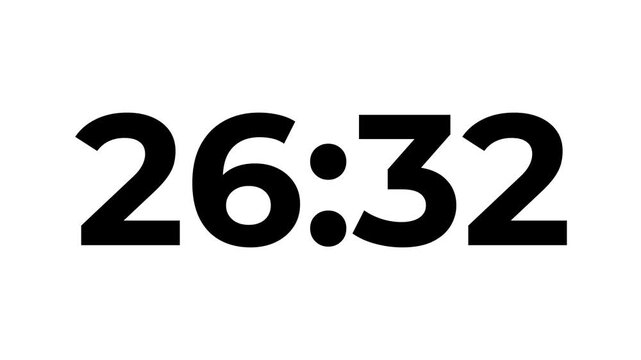 Countdown timer animation of 29 minutes on transparent background with alpha channels,