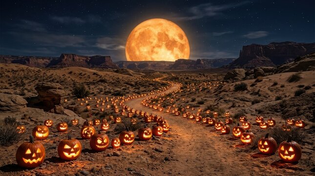 Spooky halloween pumpkin path under a giant full moon