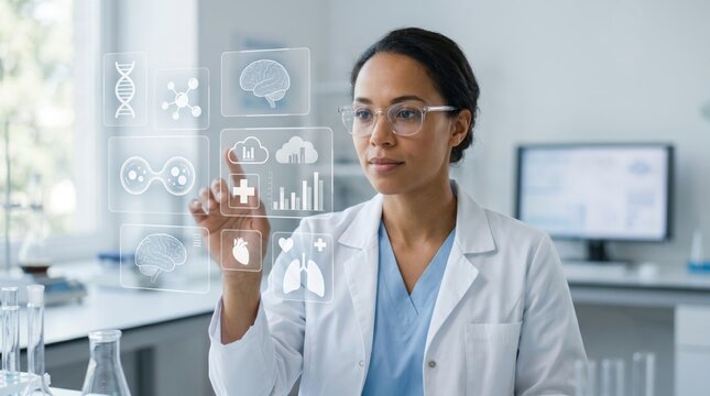Female scientist interacting with virtual touch screen interface displaying DNA brain cloud and medical icons in laboratory, biotechnology research and digital health innovation...