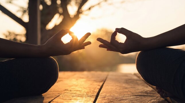 Close up of hands in meditation mudra gesture during sunrise, symbolizing mindfulness, inner peace, spiritual balance, yoga practice and connection with nature in outdoor setting