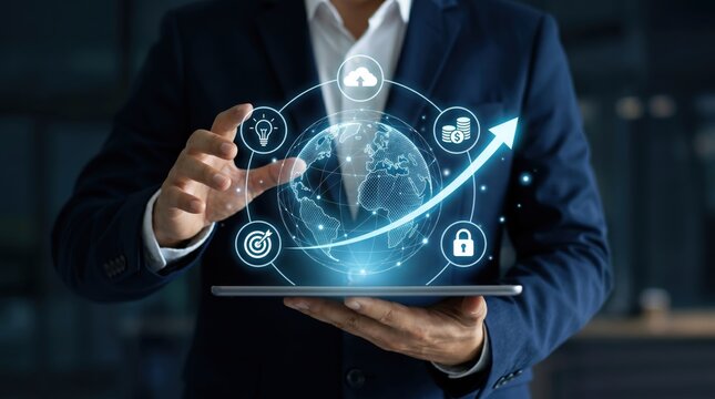 Businessman interacting with holographic global growth icons on tablet, representing cloud computing, security, finance, innovation and strategic planning for international mark...