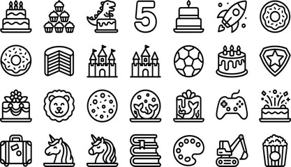 Kids Birthday Party and Celebration Line Icon Set Featuring Cakes Donuts Castles Dinosaurs Unicorns Rockets and Theme Symbols for Website Graphics and Invites © Mamunur