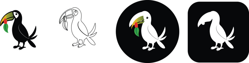 Fototapeta premium Toucan bird holding a leaf set featuring four variations including silhouette, outline, and circular and rounded square shapes