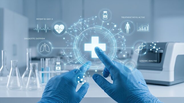 Medical professional hands touching virtual healthcare interface, digital patient data analysis, genomic testing results, diagnostic overview screen, laboratory equipment backgr...