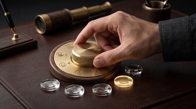 Hand adjusting vintage brass satisfaction dial with smiley faces surrounded by glass lenses and golden coin on leather desk with telescope and pen evoking classic customer feedb...