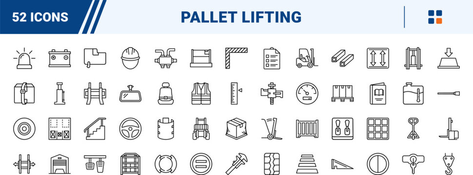 Industrial forklift lifting pallet handling line icon set. Vector pictograms of raise, warehouse, logistics, and mast elements, thin linear illustration.