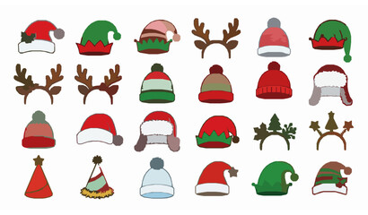 Christmas holiday hat vector set with Santa Claus elf reindeer festive Noel costume and winter headwear icons © Surjo