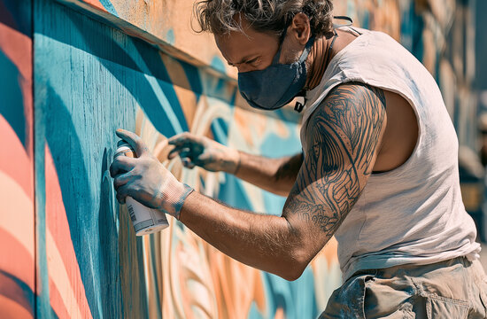 Mixed martial arts fighter training on graffiti wall. Athletic man in gloves and tape practicing combat sports outdoors.
