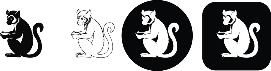 Set of four monkey featuring a sitting monkey holding a bowl in solid black, outline, and circular or square frame variations