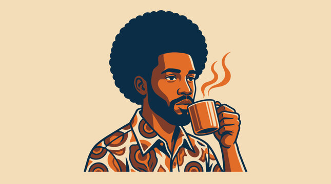 A man with an afro hairstyle enjoys a warm cup of coffee